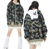 Advbridge American Trendy Hello Kitty Camo Star Print Hooded Embroidered Hoodie for Women Loose Fitting Casual Zippered Coat Clothes