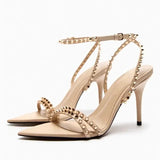 ADVBRIDGE  -  Luxury Designer Rivet Embellished Thin Heeled Sandals Women Summer Sexy Pointed Toe Ankle Strap High Heels Elegant Party Shoes