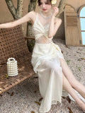 Advbridge Summer Hollow Out Womens Dresses French Style Spaghetti Strap Sleeveless Birthday Party Dress Korean Spring Casual Vestidos New