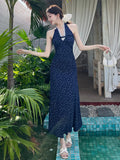 ADVBRIDGE  -  French Style Lace Halter V-neck Floral Dresses for Women Summer Blue Print Sweet Retro Long Dress Lady Casual Vacation Vestidos