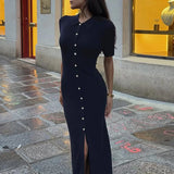 ADVBRIDGE  -  2025 Sexy Polo Neck Knitted Single Breasted Short Sleeve Bodycon Contrasting Maxi Dresses Women's Casual Stylish Streetwear