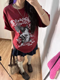 Advbridge Kawaii Cat Printed Red T-shirts Women Harajuku Oversized Punk Style Tops Cute Graphic Short Sleeve Tees Cotton Casual