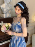 ADVBRIDGE  -  Women Spaghetti Dress Sweet Bow Lace Strapless Sexy Plaid Retro Suspenders Vstidos mujer French Style Elegant Dresses Summer