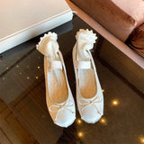 ADVBRIDGE  -  Elastic Band Silk Bow Ballet Flat Shoes for Women Round Toe Pink Bow Loafers Soft Soled Women Silk Deer Leather Shoes