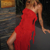 ADVBRIDGE  -  Personalized Women's Clothing Red Strapless Ruffles Tassel Pleated Sleeveless Backless High Split Stretchy Dresses Clubwear