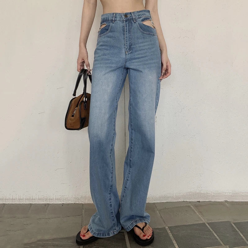 Advbridge -  Sexy Lace Hollow Out Waist Jeans Women Metal Chain High Waist Denim Pants Female High Street Straight Trousers Fashion Harajuku