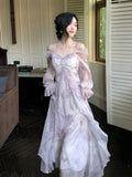 Advbridge Autumn French Print Fairy Long Dresses for Women Elegant Off Shoulder Ruffles A-Line Birthday Party Dress One Piece Vestidos New