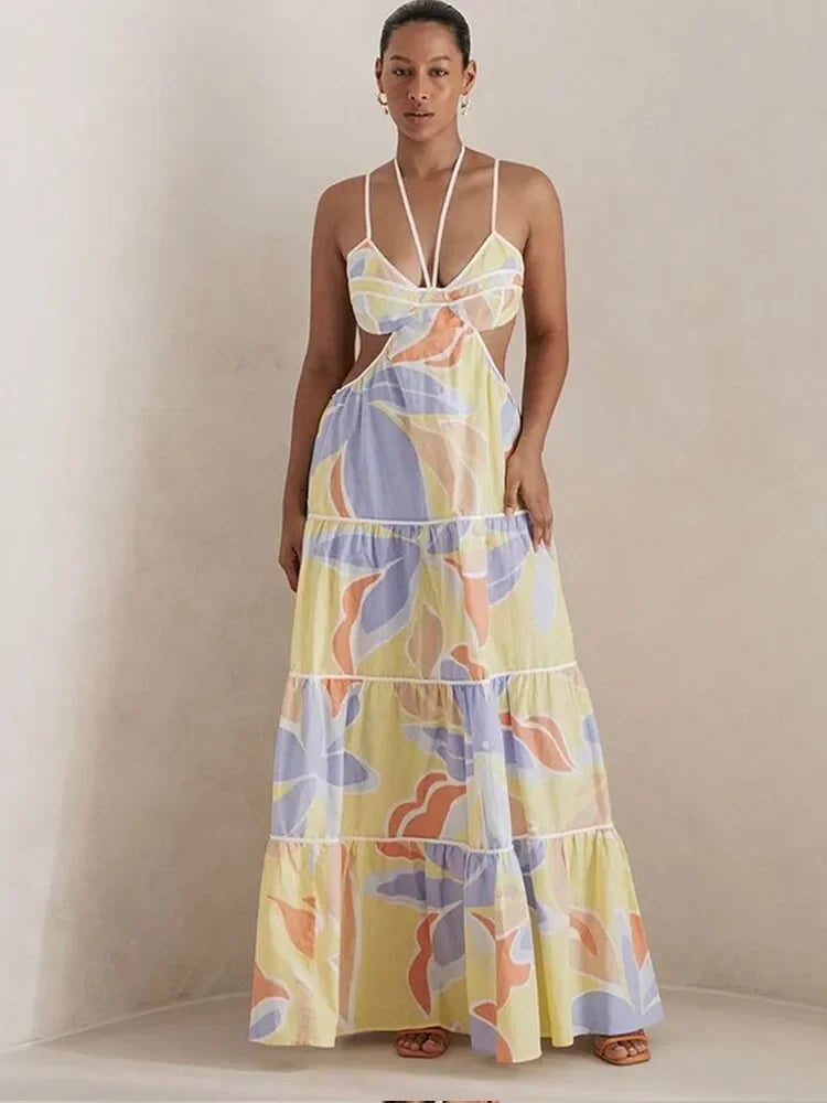 Advbridge New Vacation Floral Printed Cut Out Women Sling Dress Hollow Out Sleeveless Lace Up Dropped Waist Lady Robes 2025 Beachwear