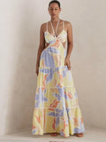Advbridge New Vacation Floral Printed Cut Out Women Sling Dress Hollow Out Sleeveless Lace Up Dropped Waist Lady Robes 2025 Beachwear