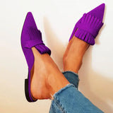 Advbridge Chic Tassel Pointed Toe Low Heels Slipper Woman Purple Green Suede Slip On Woman Fringe Mules Slingbacks Shoes
