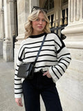 Advbridge Color Contrast Striped Knitted Sweater For Women Casual Crew Neck Long Sleeve Pullover Female Oversized Street Jumpers