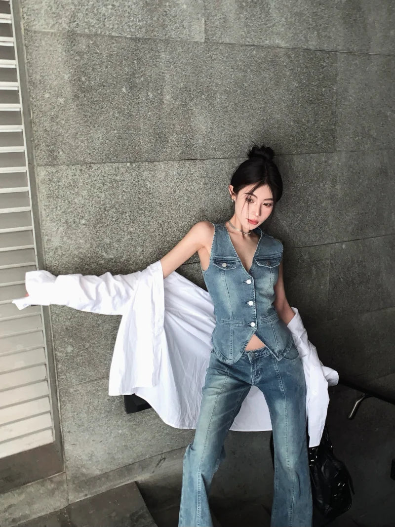 Advbridge -  Hot Girl Retro Style Suit Women's Summer Gradient Denim Vest Low Waist Micro Flare Jeans Two-piece Set Fashion Female Clothes