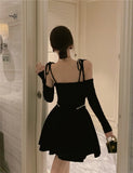 ADVBRIDGE  -  French Retro Black Velvet Dress Women Autumn Beaded V-neck Sexy Off Shoulder Bow Strap Elegant Party Vestidos Fashion Mini Dress