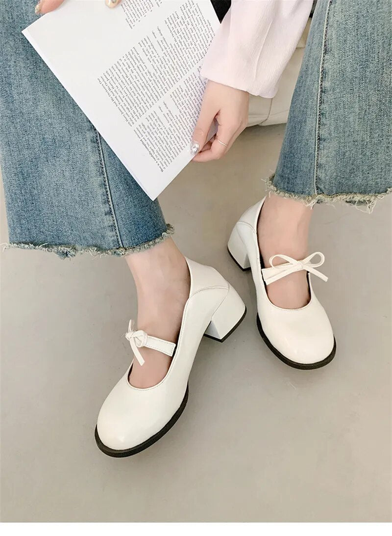 Advbridge Elegant Mary Jane Pumps Woman High Heels Shoes Leather Casual Shoes Women Square Heeled Shoes Ladies Sweet Style Lolita Shoes