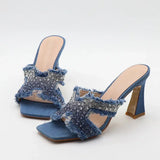 ADVBRIDGE  -  Luxury Design Crystal Rhinestone Women Slippers Sandal Blue Denim Summer 8CM Slides High Heels Sexy Square Toe Party Dress Shoes