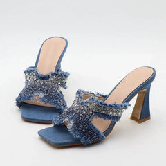 ADVBRIDGE  -  Luxury Design Crystal Rhinestone Women Slippers Sandal Blue Denim Summer 8CM Slides High Heels Sexy Square Toe Party Dress Shoes