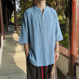 ADVBRIDGE  -  Mens Cotton Linen Henley Shirts Casual Band Collar Short Sleeve Summer Hawaiian Beach Hippie Button T Shirt M-XXXXXL Plus Size