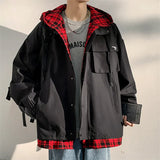 Advbridge Hoodies Coats Men Casual Fake Two-piece Plaid Patchwork Jacket Men's Spring Autumn Wild Streetwear Korean Cargo Jackets