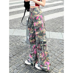 Advbridge American New Retro Pink Camouflage Multi-pocket Tooling Jeans Female Y2K Gothic Harajuku Hip Hop High Waist Slim Wide Leg Pants