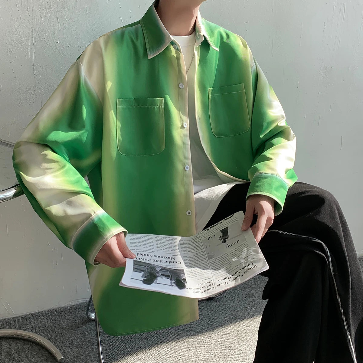 Advbridge Men's Gradient Green Long Sleeve Shirts Korean Loose Fashion Casual Shirt Oversize Shirt Front Pockets High Quality Clothing