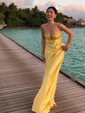 Advbridge Summer Backless Yellow Satin Slip Dresses Women Elegant Off Shoulder Strapless Floral Chest Long Dress New Lady Party Robes