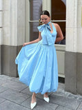 Advbridge Blue Chic Women's Pleated Halter Lace Up Midi Dress Elegant Backless Sleeveless High Waist A-line Robe Lady 2024 Street Vestido