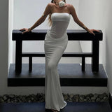 ADVBRIDGE  -  Party Women Strapless Maxi Dress with Rose Collar Mesh Patchwork Elegant Prom Long Dress Evening Clubwear Sexy Gown