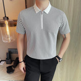 ADVBRIDGE  -  Men Pinstripe Polo Shirt - Summer Business Casual Half-Zipper  Turn-Down Collar Versatile Short Sleeve Top Stylish Everyday Wear