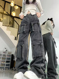 Advbridge Cyber Y2K Streetwear Grey Distressed Baggy Cargo Jeans Pants For Women Multiple Pockets Wide Leg Hip Hop Lady Old Trousers