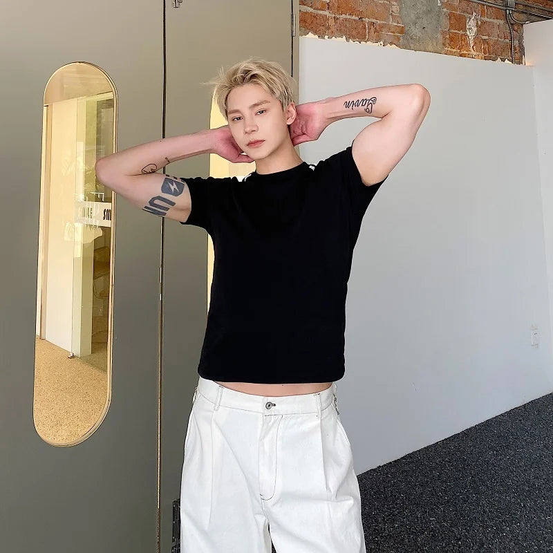 Advbridge Summer Contrast Color Men's Short Style T-shirt Round Neck Short Sleeve Personality Elastic Slim Male Top 2024 New Trend