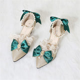 Advbridge Elegant Girls Victoria Princess Green Satin Bowknot Lolita Shoes Painting Woman Lace Pointed Sandals High Heel Cos Lolita Shoes