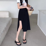Advbridge Side-slit Suit Skirts Women Mid-calf High Waist Korean Style A-line Skirt Summer Elegante All-match Streetwear Female Plus Size