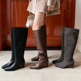 ADVBRIDGE  -  women's natural suede leather 4.5cm thin med heel square toe slip-on knee high boots elegant ladies long boots shoes