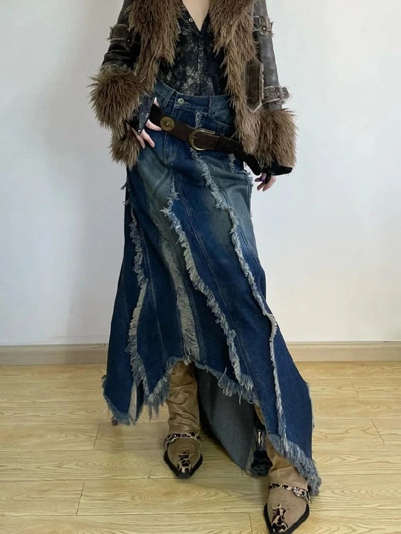 Advbridge Women Denim Skirt Y2k Emo 2000s Clothes Long Skirt Harajuku Korean 90s Fashion Vintage Gradient A-line Jean Skirt Grunge Clothes