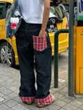Advbridge American retro plaid patchwork rolled edge women jeans high street Harajuku loose wide leg straight leg men and women pants