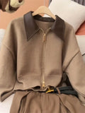 Advbridge Vintage Brown Y2K Hooded Sweaters Women 2024 Autumn Winter Lantern Sleeve Zip Up Jacket Knitted Hoodies Cropped Cardigan Top