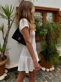 Advbridge White Hollow Out Knit MIni Dress Women's Slim Ruffled See-Through High Waist Fashion Party Dress Female Knitwear Dress New