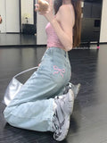 Advbridge Sweet Blue Jeans for Women Bow Embroidery Straight Denim Trousers Y2k Vintage Korean Style Baggy High Waist Jeans Casual