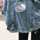 Advbridge Men‘s Wintern outfits Fashion Blue Ripped Denim Jacket Y2K Distressed Streetwear Hip Hop Broken Hole Jeans Biker Jackets Men's Spring Jackets Advbridge Men‘s Wintern outfits