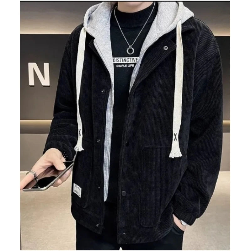 Advbridge Men Corduroy Coat Autumn Winter Fake Two-piece Hooded Drawstring Jacket Quality Casual Large Size M-8XL Men's High-end Clothing