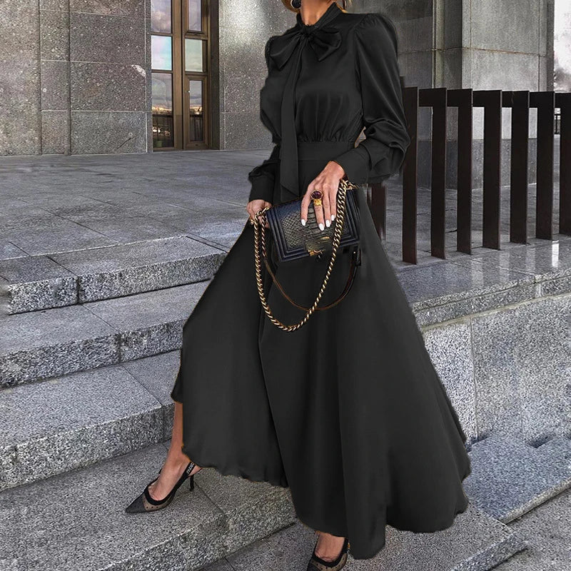 Advbridge Elegant Bow Collar Big Hem Satin Dresses Luxury Women Bright Color High Waist Party Dress Fall Long Sleeve Loose Maxi Dress