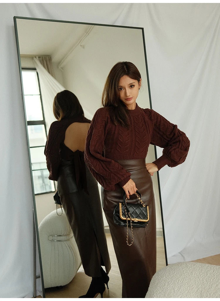 Advbridge Spring Autumn Soft Brown Faux Leather Maxi Skirt Women with Back Slit High Waist Long Luxury Elegant Office Clothes