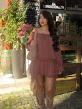 ADVBRIDGE  -  Chic Low Neck Lace Up Mini Dress Elegant Solid Flare Sleeve Pleated Off Shoulder Gown New Women Highstreet Holiday Dresses 2025
