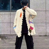 Advbridge Mens Sweater Graffiti Contrast Color Ripped Casual Knit Sweater Autumn Fashion Streetwear Versatile Long-Sleeved Top Men'S Wear