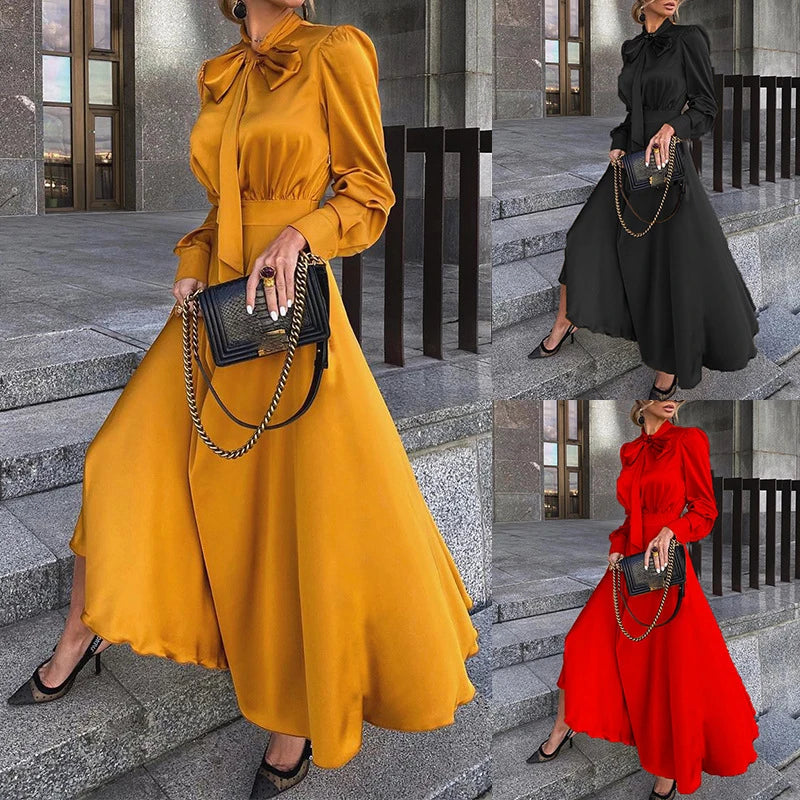 Advbridge Elegant Bow Collar Big Hem Satin Dresses Luxury Women Bright Color High Waist Party Dress Fall Long Sleeve Loose Maxi Dress