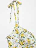 ADVBRIDGE  -  Women Apricot with Orange Floral Print Bow Lacing Up Strap Sling Dress French Style Retro Summer Short Dresses Holiday Robe