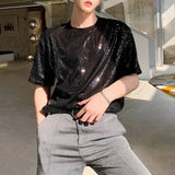Advbridge Mens sequin casual t-shirt genderless 2024 new fashion nightclub personality versatile performance short-sleeved top unisex