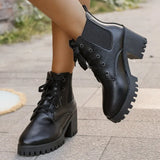 ADVBRIDGE  -  Women's Fashion Boots Pointed Toe Platform Sole Rough Heel Lace-up Short Boots Classic All-match Anti-slip Plus-size Women Shoes