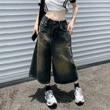 Advbridge Vintage Baggy Y2K Jorts Women Streetwear Wide Leg Knee Length Jeans Harajuku Casual Oversize Washed Denim Shorts Summer