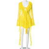 ADVBRIDGE  -  Women's Sexy Yellow Lace Mini Vestidos Chic See Through V Neck Flare Sleeve Tassel Dress 2025 Party Club Wear Slim Fit Dresses